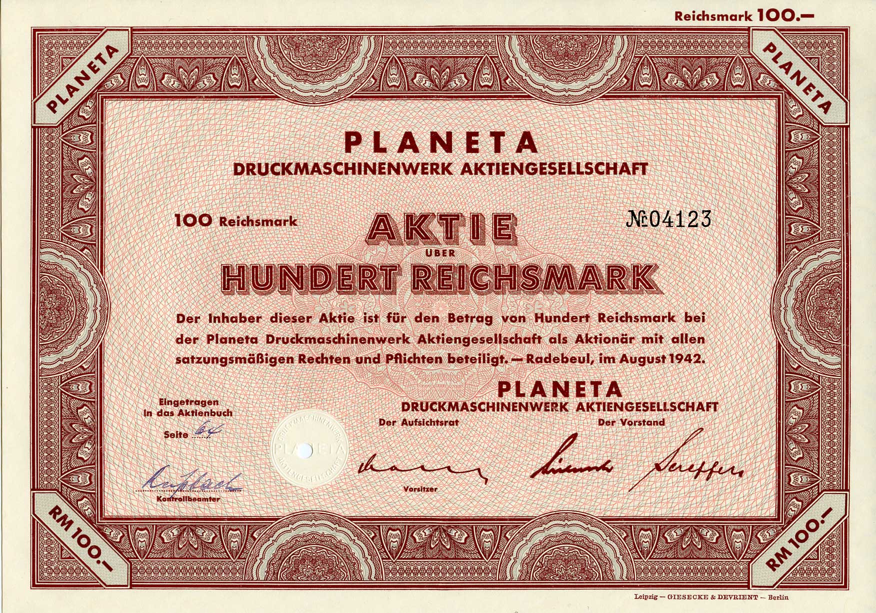 Германия 100 рейхсмарок 1942 АО Книгопечатные машины и оборудование Planeta, акция   бумага  8803-24-1