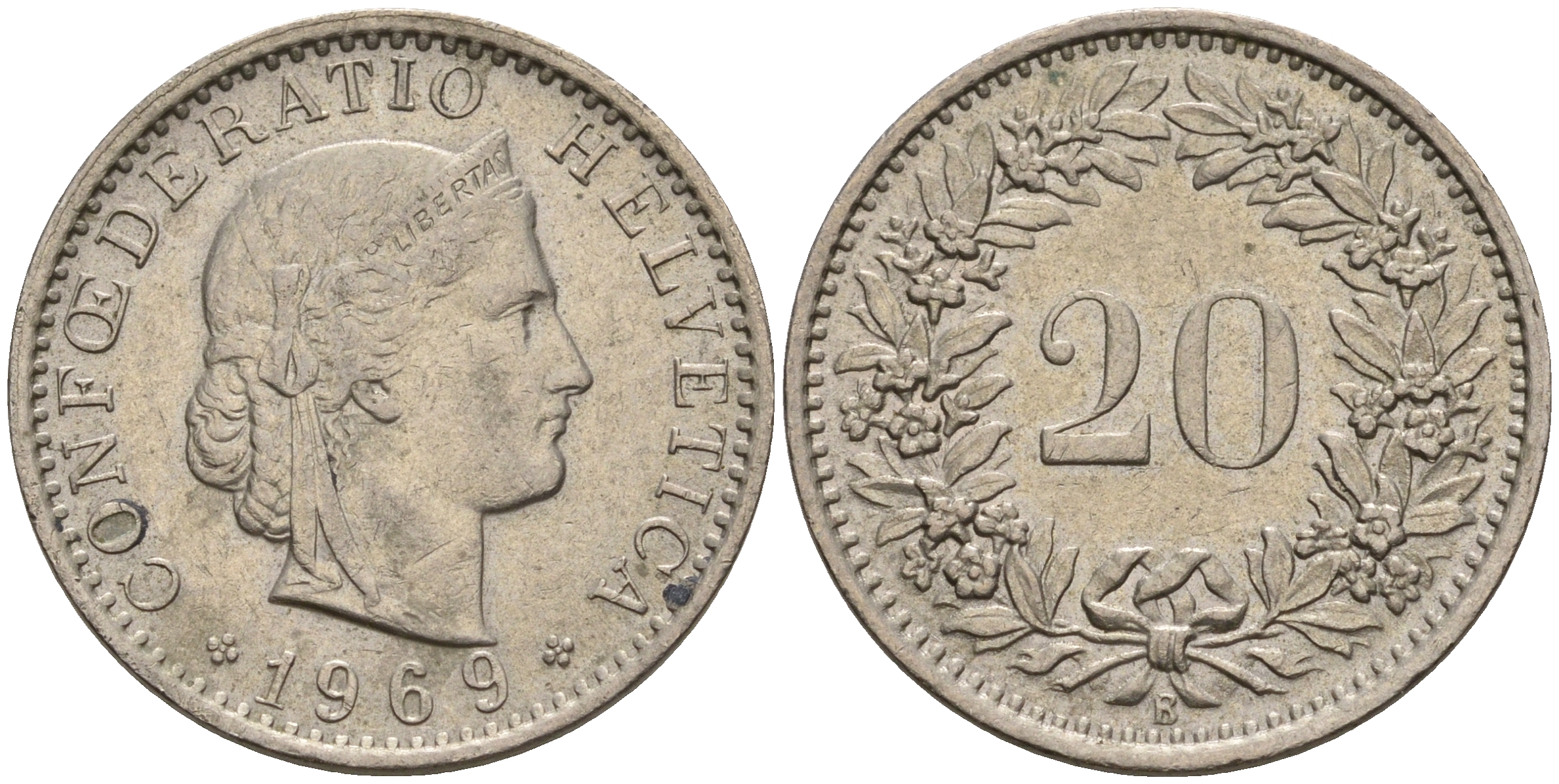 Швейцария 20 раппенов 1969 KM 29а медно-никель 4606-713