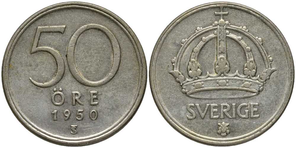 Швеция 50 эре 1950 TS, Густав V (1907-1950) KM 817 серебро 202-617