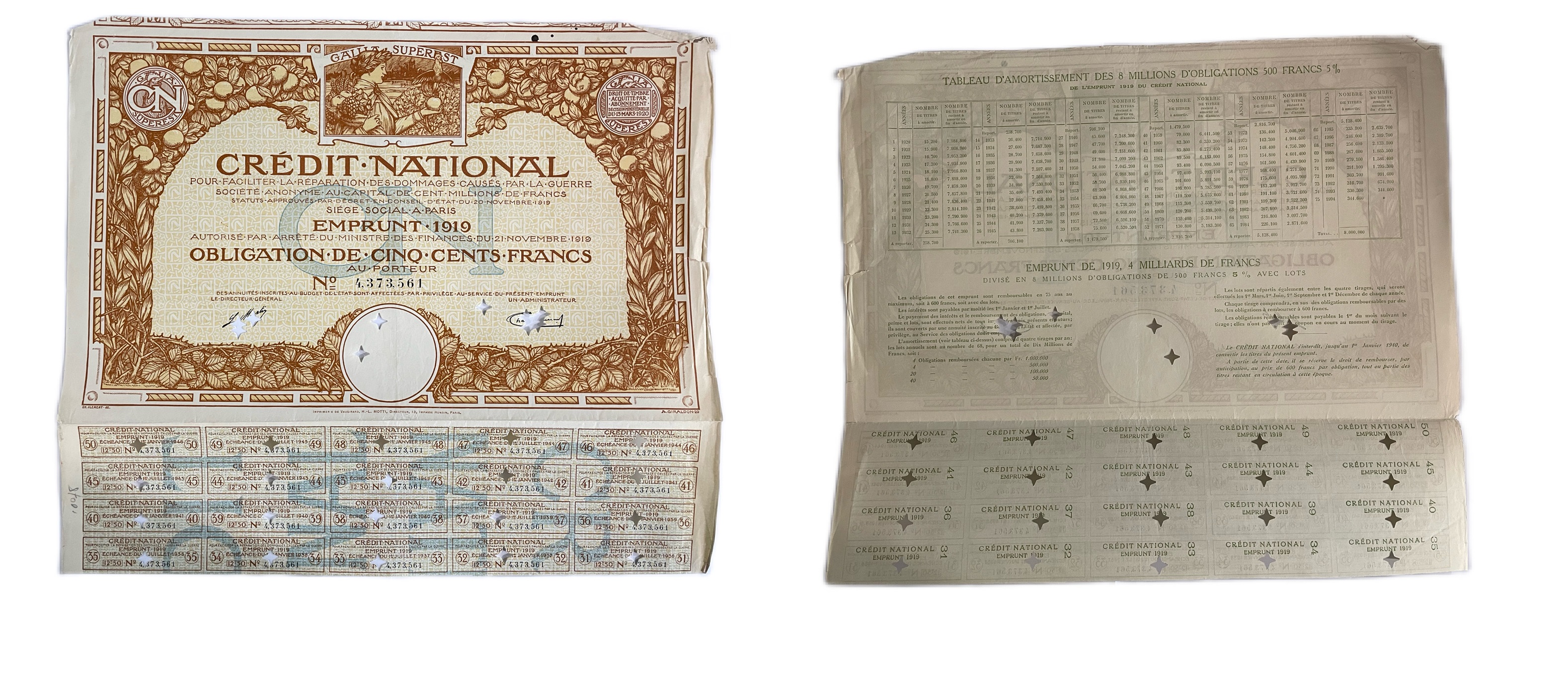 Франция государственная облигация в 500 франков 1919 20 купонов бумага 5554-20-1-2