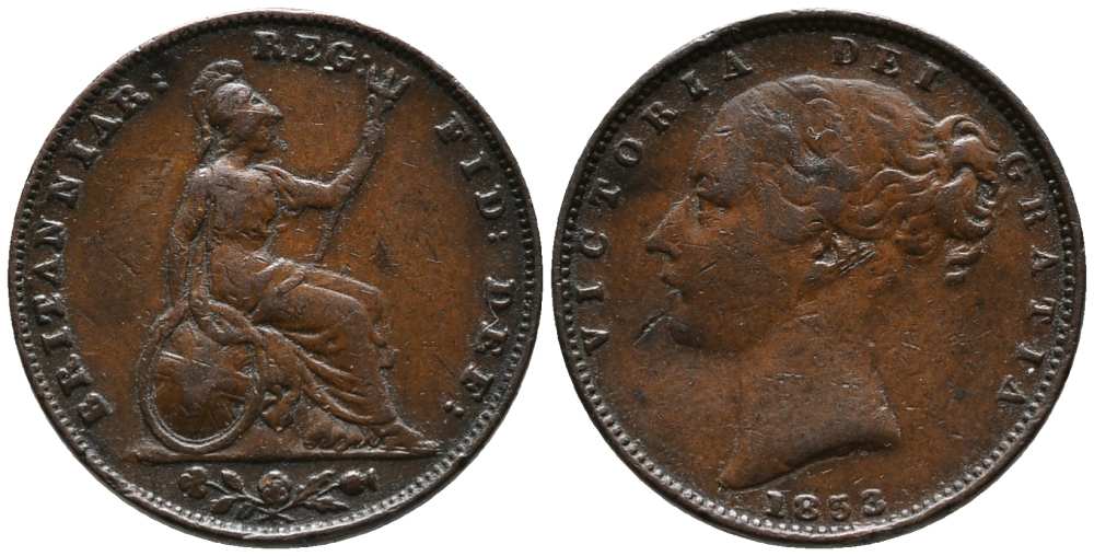 Великобритания 1 фартинг 1853 Виктория (1837-1901) KM 725, Spink 3950 медь  1518-1035