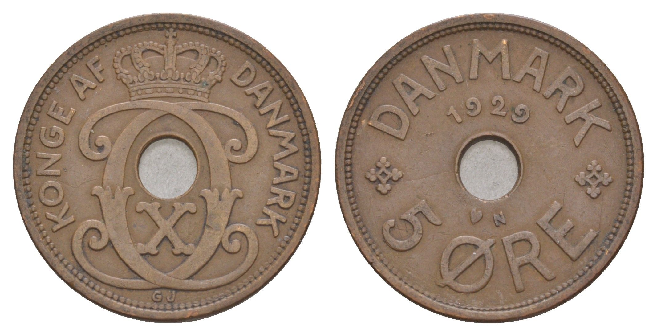 Дания 5 эре 1929 N, Кристиан X (1912-1947) KM 828 бронза 4657-244