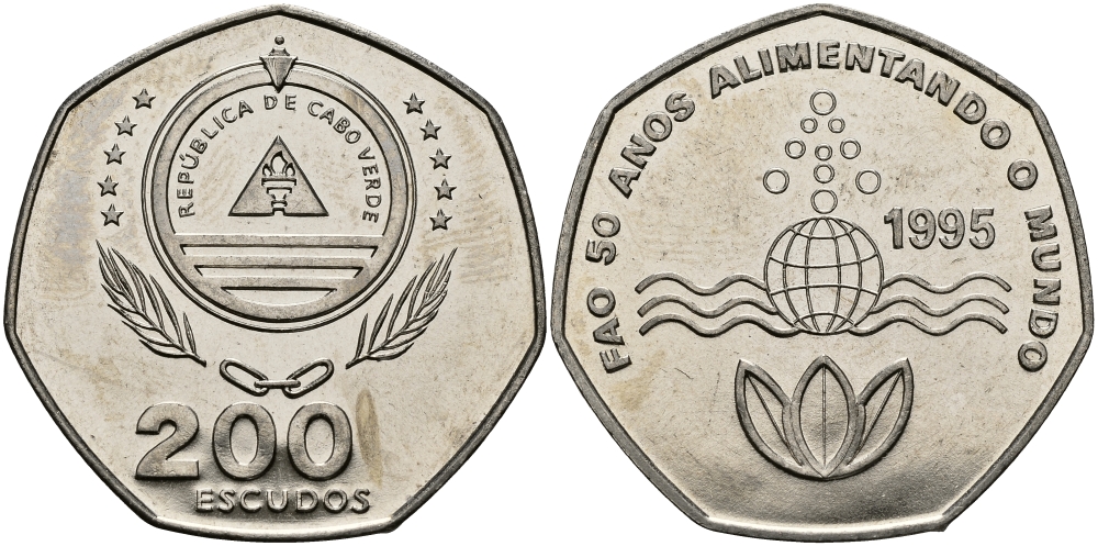 Кабо-Верде 200 эскудо 1995 50 лет FAO KM 34 медно-никель UNC 3333-922