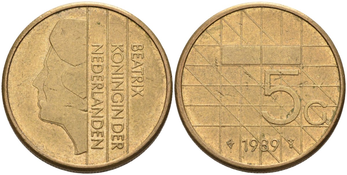 Нидерланды 5 гульденов 1989 Беатрикс (1980-2013) KM 210 никель плакированный бронзой 4584-223