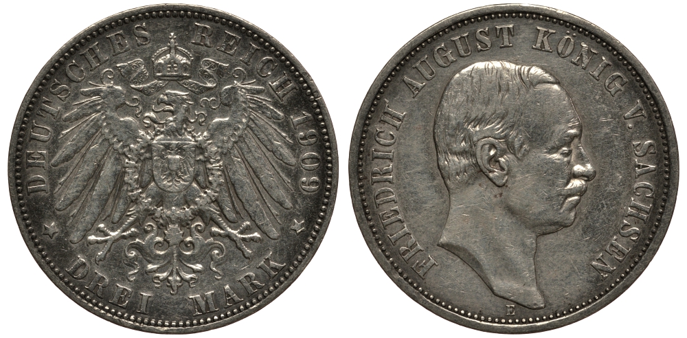 Саксония 3 марки 1909 Е, Фридрих Август III (1904-1918) Weege 132, J. 135, KM 1267 серебро 3711-1331