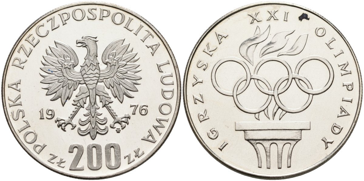 Польша 200 злотых 1976 MW, XXI олимпийские игры 1976 года в Монреале, кольца, в пластике KM 86, Parchimowicz 306а серебро BUNC 05-139-33
