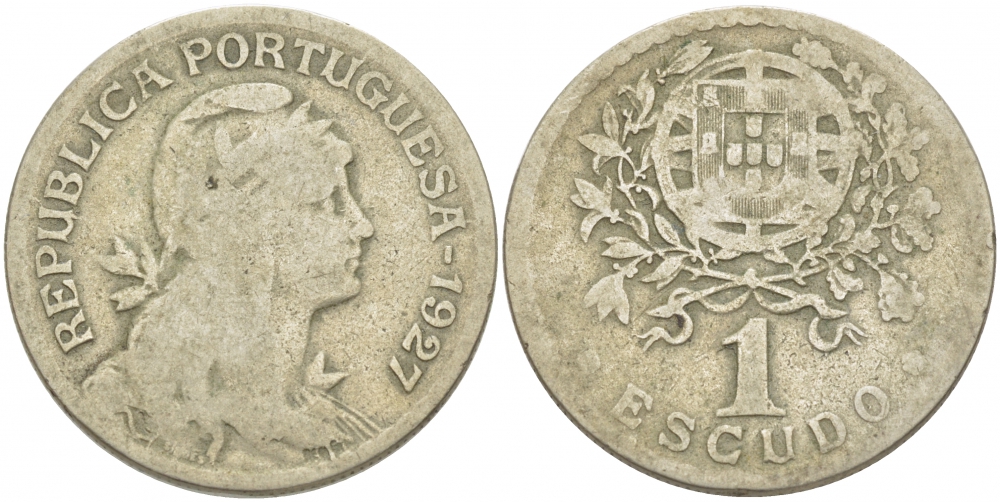 ПОРТУГАЛИЯ 1 ЭСКУДО 1927 ПЕРВЫЙ ГОД KM 578 медно-никель 77-747