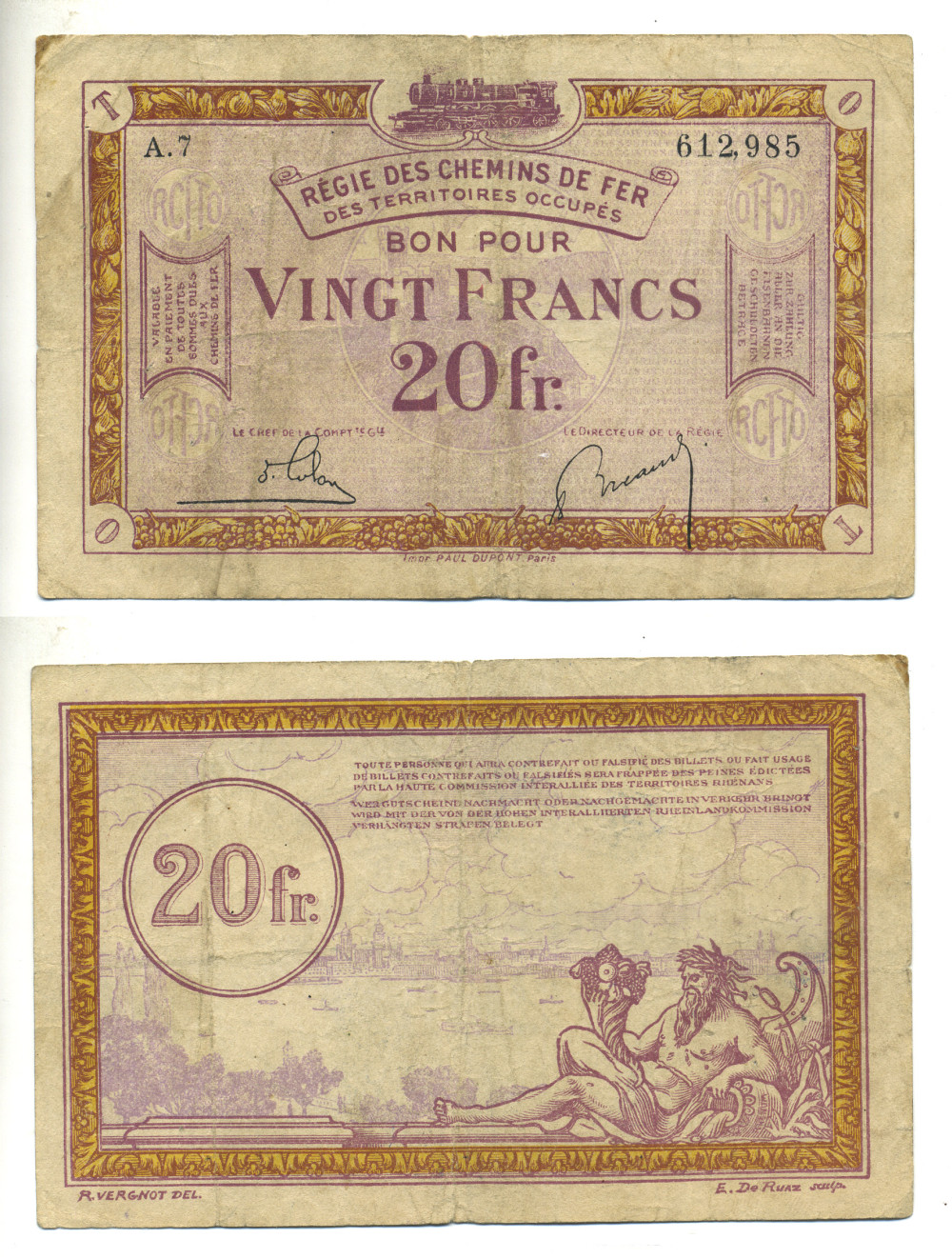 Франция 20 франков 1923 Франко-Бельгийская железнодорожная администрация, на оккупированных немецких территориях Pick R8 бумага 3295-115-1-2