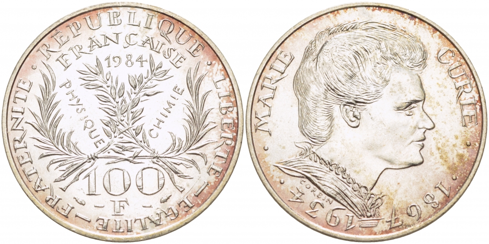 Франция 100 франков 1984 50 лет со дня смерти Марии Кюри KM 955 серебро UNC 1074-6-54