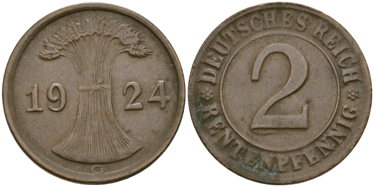 Германия 2 рентенпфеннига 1924 G KM 31 бронза 4171-1055