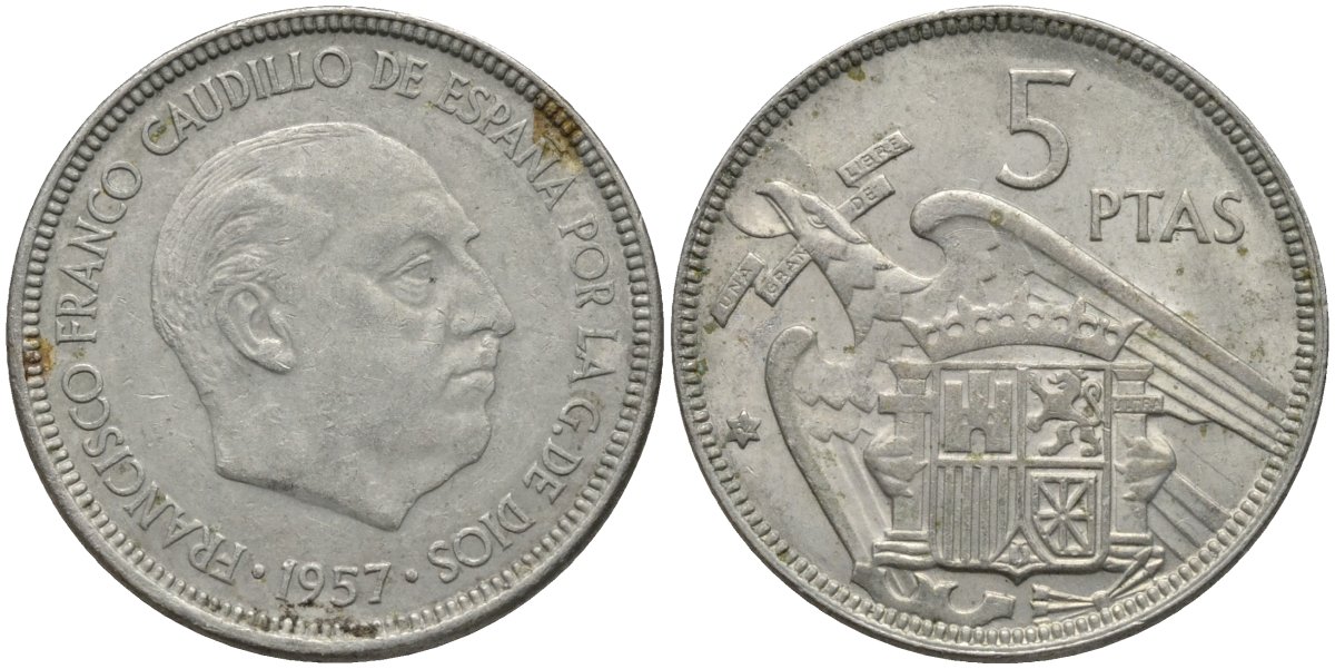 Испания 5 песет 1957 (64) Франсиско Франко (1939-1975) KM 786 медно-никель 4171-457
