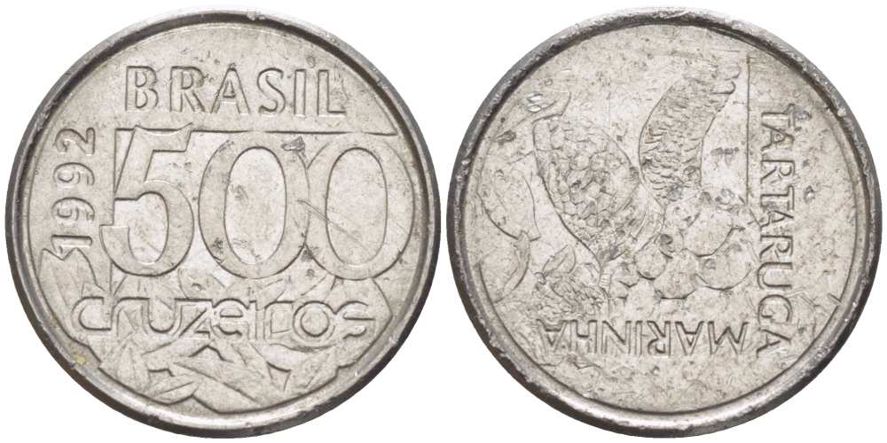 Бразилия 500 крузейро 1992 морская черепаха KM 624 нержавеющая сталь 4396-431