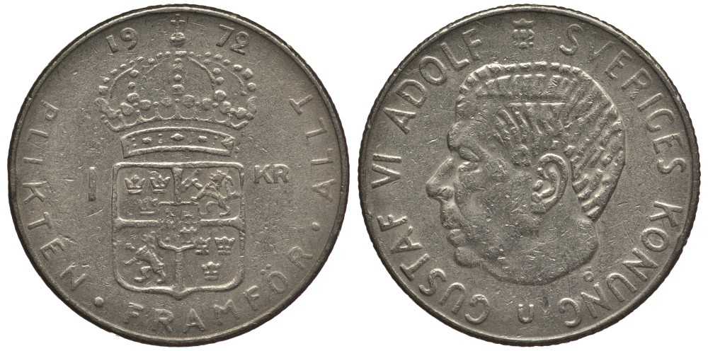 Швеция 1 крона 1972 U, Густав VI Адольф (1950-1973) KM 826а медь плакированная медно-никелем 113-814