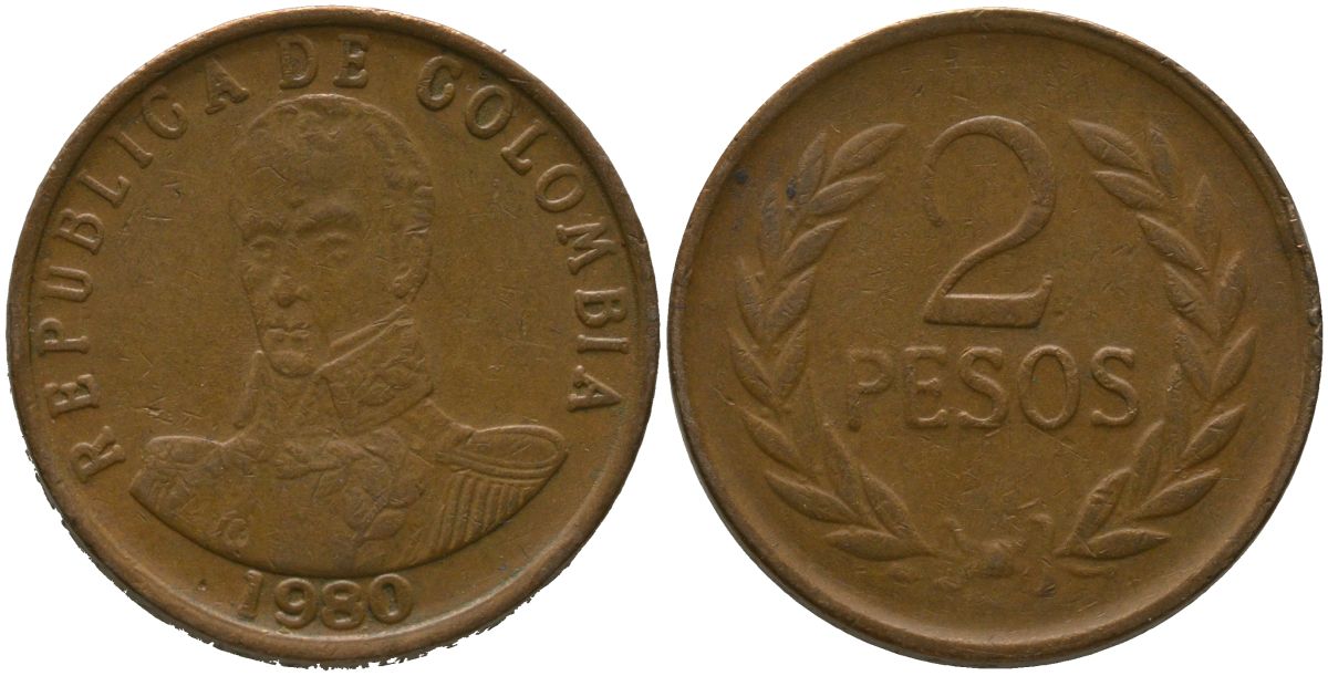 Колумбия 2 песо 1980 KM 263 бронза 4538-211