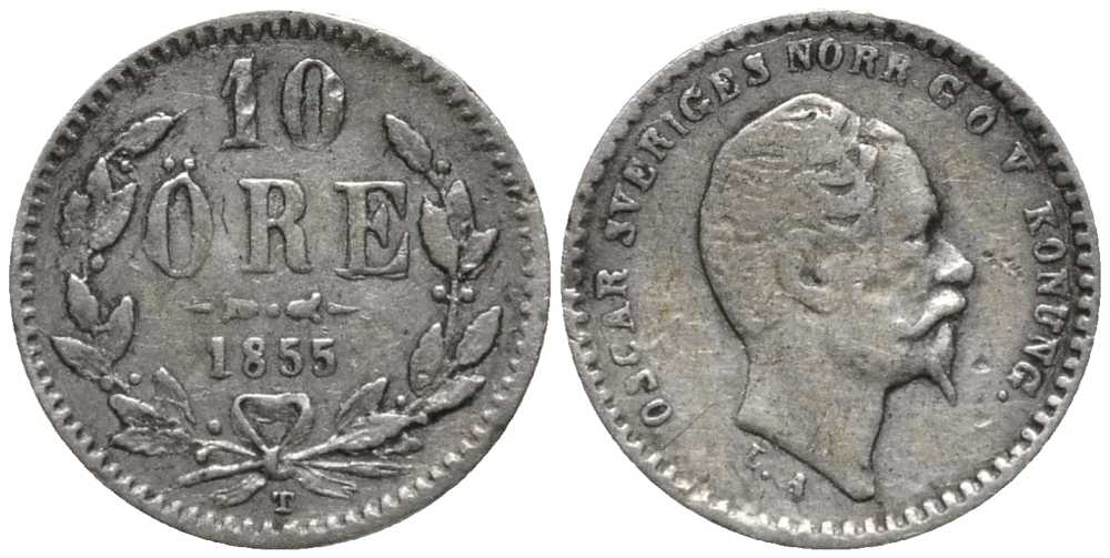 Швеция 10 эре 1855 T, Оскар I (1844-1859) KM 683 (473) серебро 201-1117