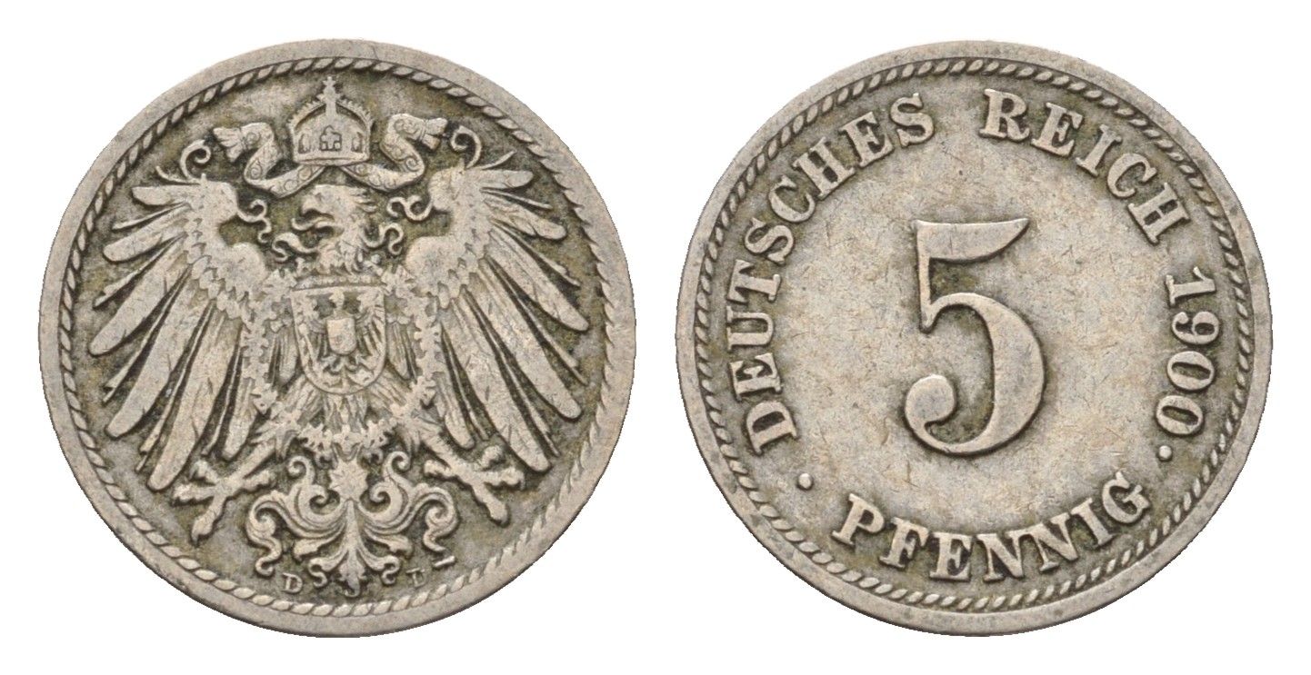 Германия 5 пфеннигов 1900 D, Вильгельм II (1888-1918) KM 11, J. 12 медно-никель 4632-1119