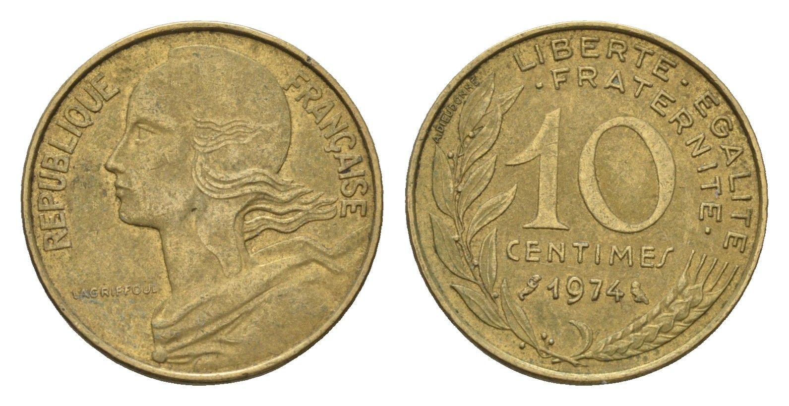 Франция 10 сантимов 1974 KM 929 алюминиевая бронза 4674-567