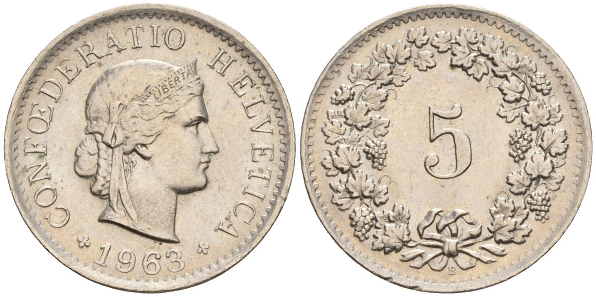 Швейцария 5 раппенов 1963 B KM 26 медно-никель 4608-452