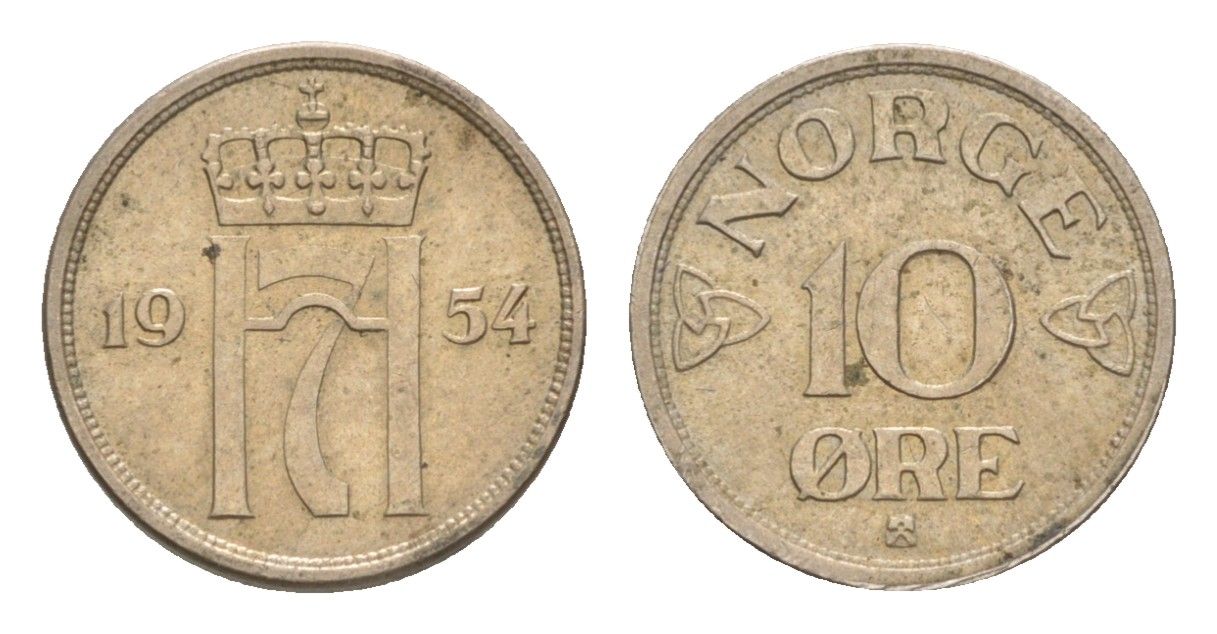 Норвегия 10 эре 1954 Хокон VII (1905-1957) KM 396 медно-никель UNC 4632-1142