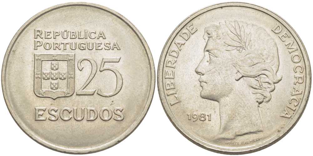 Португалия 25 эскудо 1981 KM 607а медно-никель 113-252
