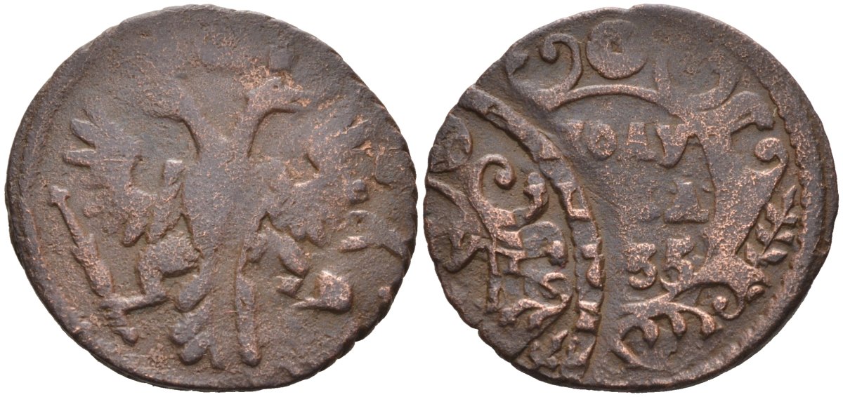 Россия полушка 1735 брак, двойной удар, Анна Иоанновна (1730-1740) Биткин 343 медь 1525-112