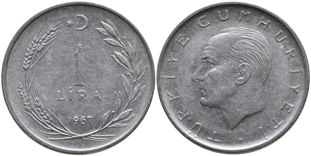 Турция 1 лира 1967 Мустафа Кемаль Ататюрк KM 889а.2 нержавеющая сталь 4541-1236