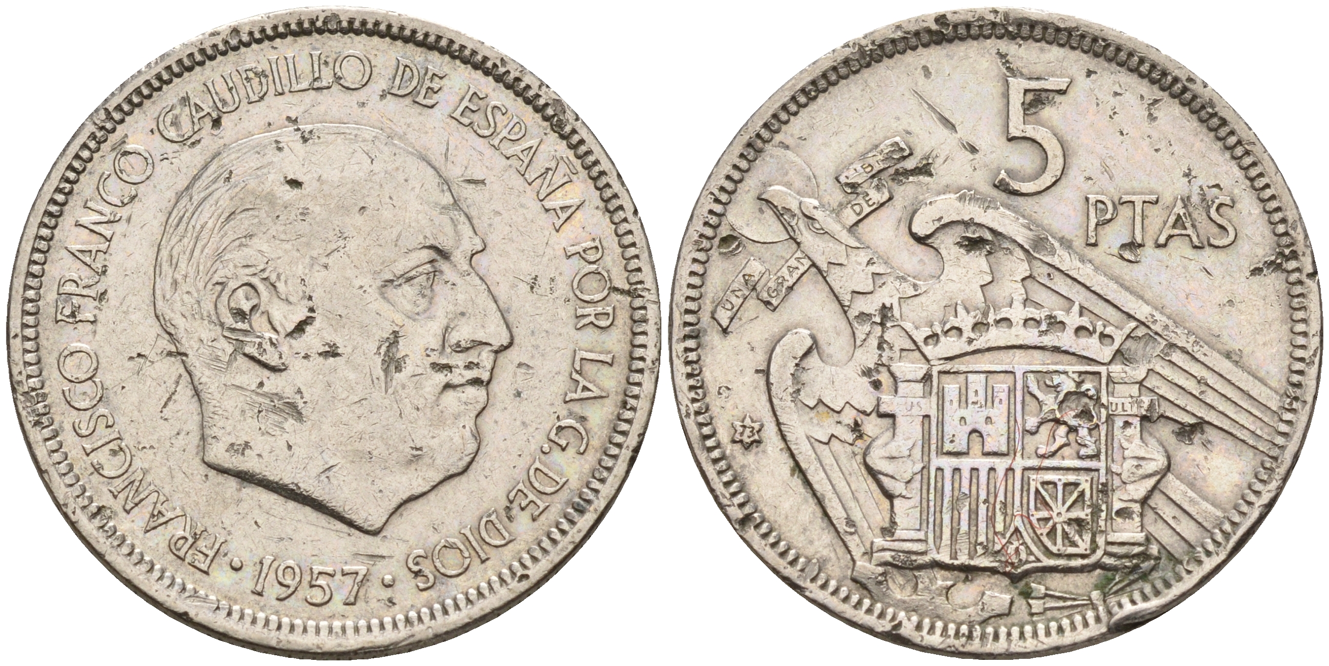 Испания 5 песет 1957 (73) 1957 год, Франсиско Франко (1939-1975) KM 786 медно-никель    4143-221