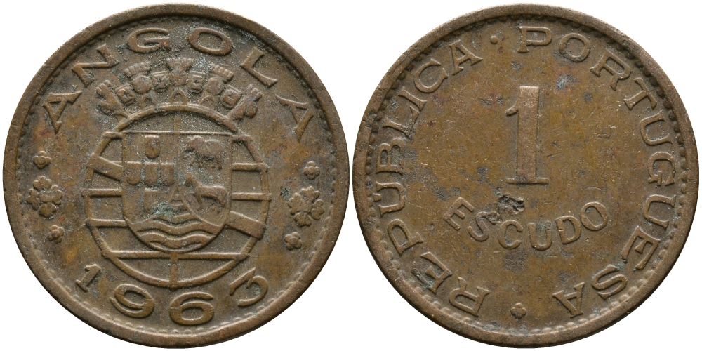 Португальская Ангола 1 эскудо 1963 KM 76 бронза 33-927