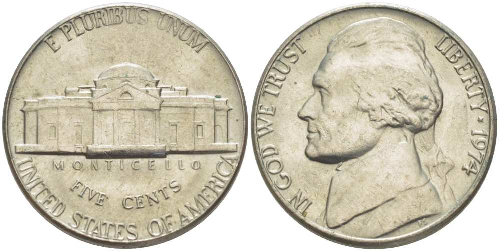 США 5 ЦЕНТОВ 1974 ДЖЕФФЕРСОН KM А192 медно-никель 217-1115