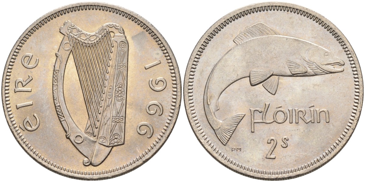 Ирландия 1 флорин 1966 лосось KM 15a медно-никель UNC 4583-421