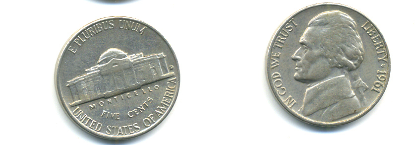 США 5 ЦЕНТОВ 1961 D, ДЖЕФФЕРСОН KM A192 медно-никель 89-442