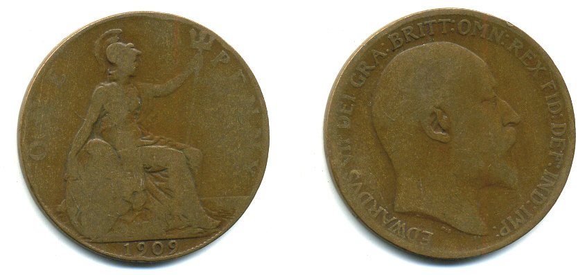 Великобритания 1 пенни 1909 Эдуард VII (1901-1910) KM 794.2, Spink 3990 бронза 47-735