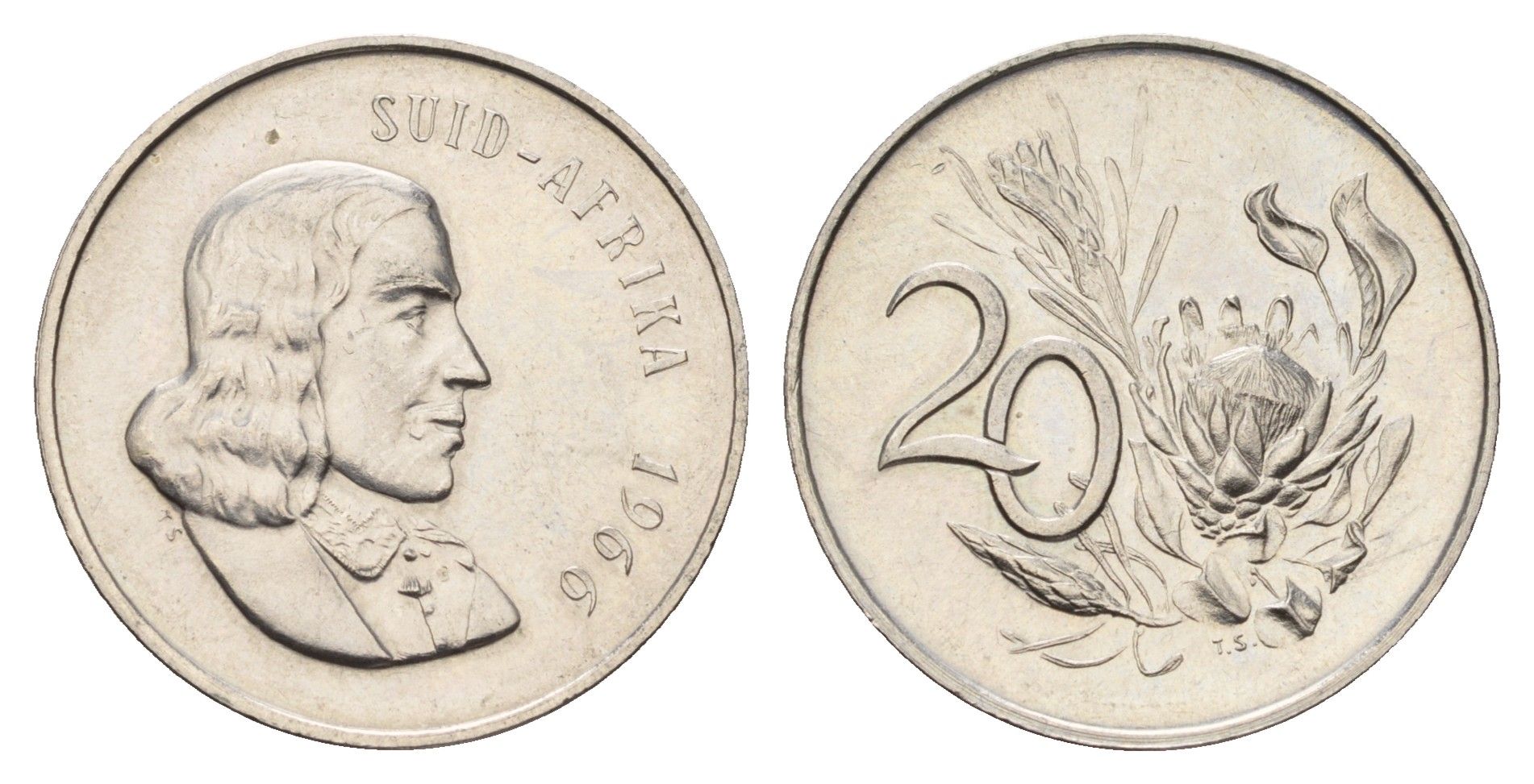 ЮАР 20 центов 1966 Ян ван Рибек (1619-1677), Suid Africa, легенда на африкаанс, цветок протея KM 69.2 медно-никель UNC 4678-1026