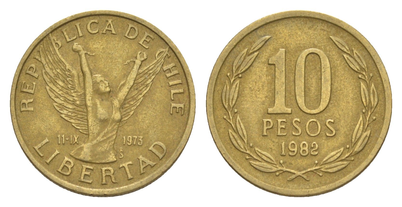 Чили 10 песо 1982 KM 218 латунь 4636-434