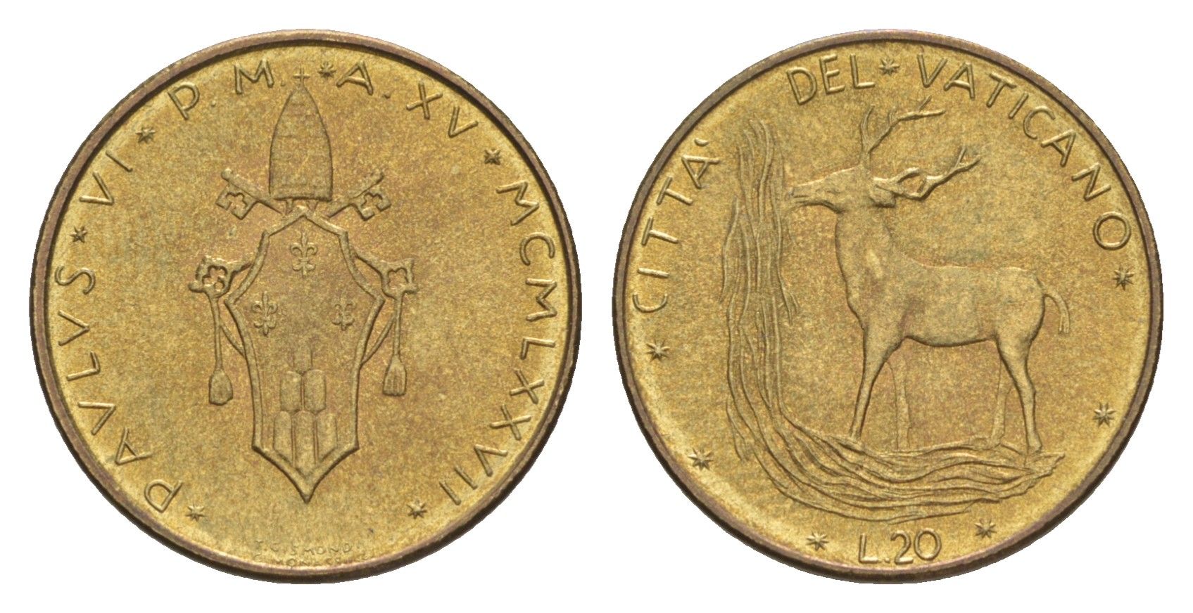 Ватикан 20 лир 1977 KM 120 алюминиевая бронза UNC 4632-925