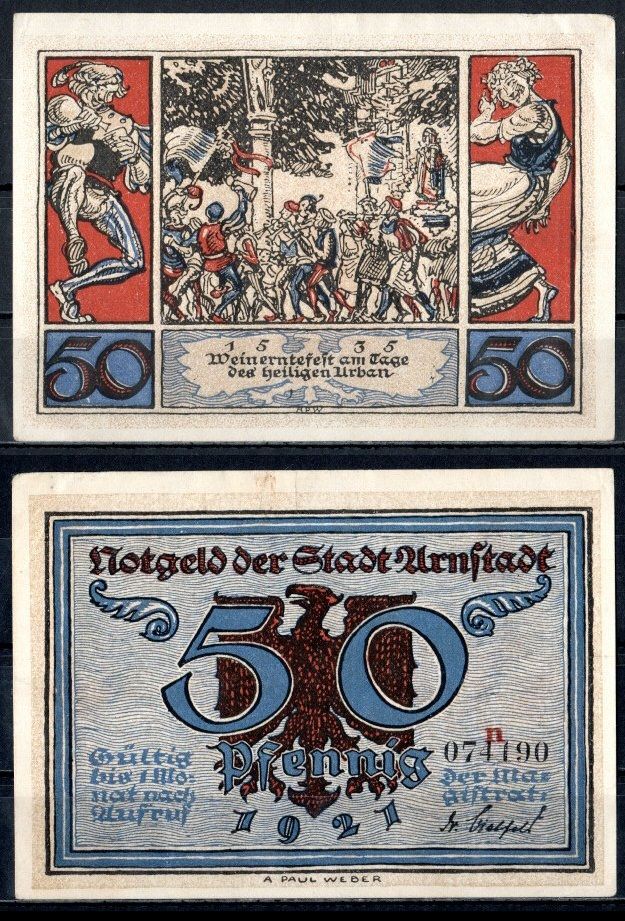 Арнштадт (Тюрингия) 50 пфеннигов 1921 Mehl Grabowski 43.3a-3/6 бумага UNC (пресс) 7556-18-2-1