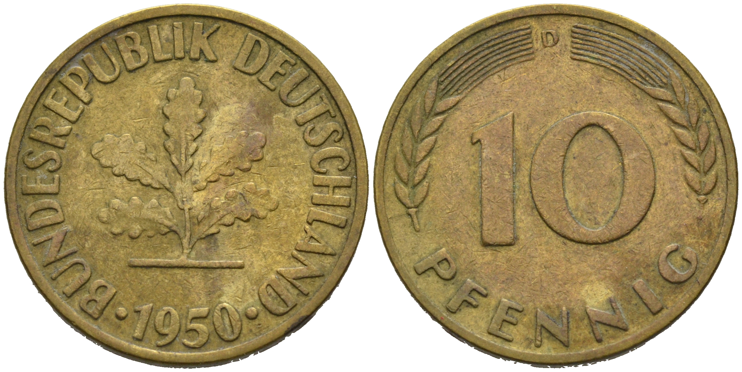 ФРГ 10 ПФЕННИГОВ 1950 D KM 108, J.383 сталь плакированная латунью 75-613