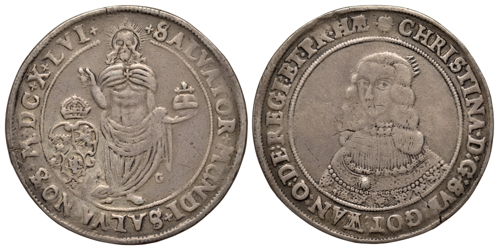 Швеция 1 талер 1646 королева Кристина (1632-1654) Dav. 4525, Hagander 157 серебро 00-811-63
