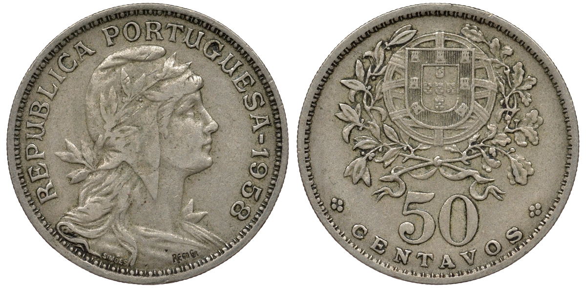 Португалия 50 сентаво 1958 KM 577 медно-никель 62-614