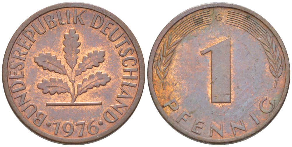 ФРГ 1 ПФЕННИГ 1976 G KM 105, J. 380 сталь плакированная медью 4181-619