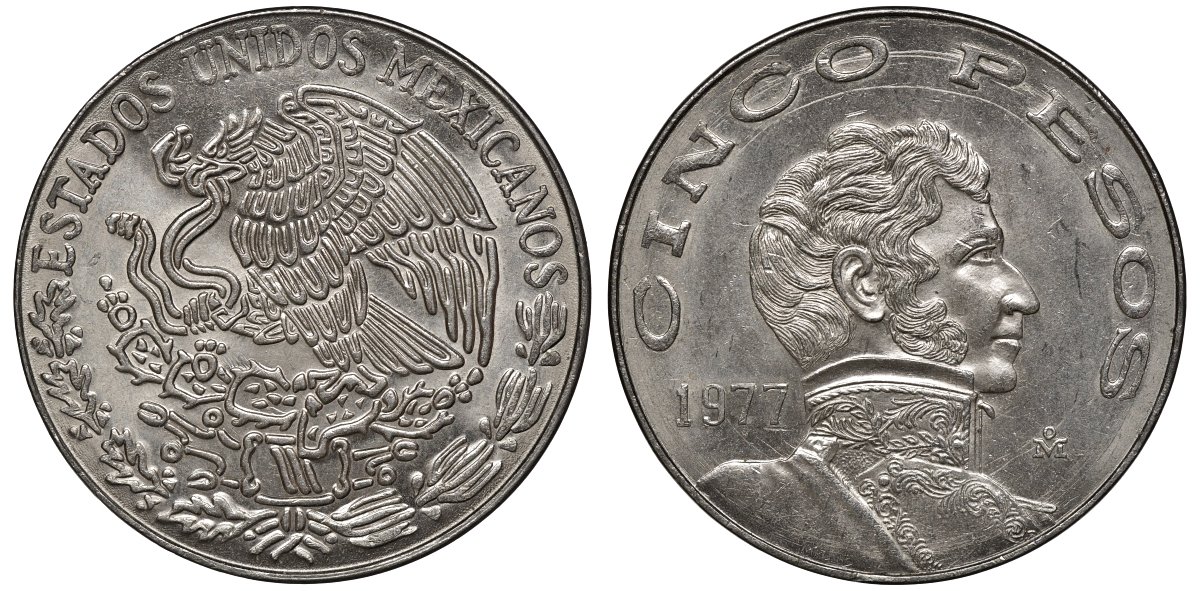 Мексика 5 песо 1977 Мо, Винсенте Герреро KM 472 медно-никель 4367-1041