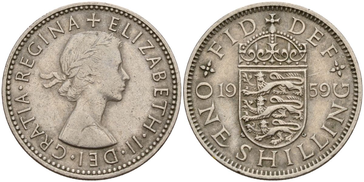 Великобритания 1 шиллинг 1959 Елизавета II (1952-2022), Английский герб KM 904, Spink 4147 медно-никель 4150-753