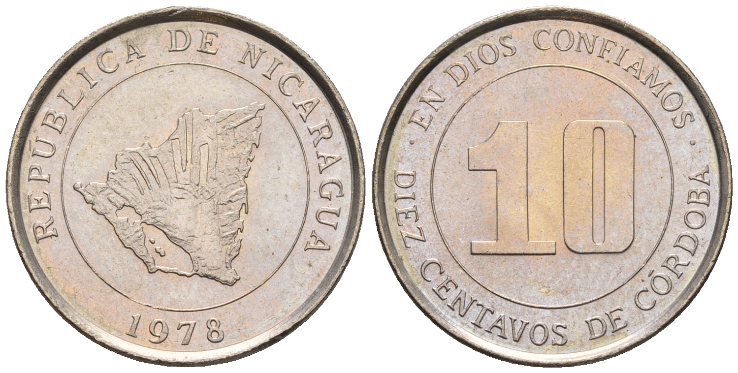 Никарагуа 10 сентаво 1978 карта страны KM 31 медно-никель  UNC  220-1223