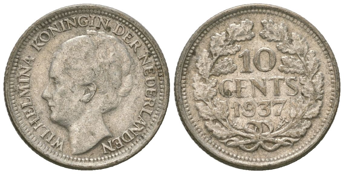 Нидерланды 10 центов 1937 Вильгельмина I (1890-1948) KM 163 серебро 4615-969