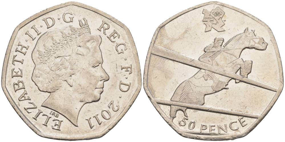 Великобритания 50 пенсов 2011 XXX летние Олимпийские игры в Лондоне в 2012 году, конный спорт, Елизавета II (1952-2022) KM 1176, Spink LO10 медно-никель 00-00