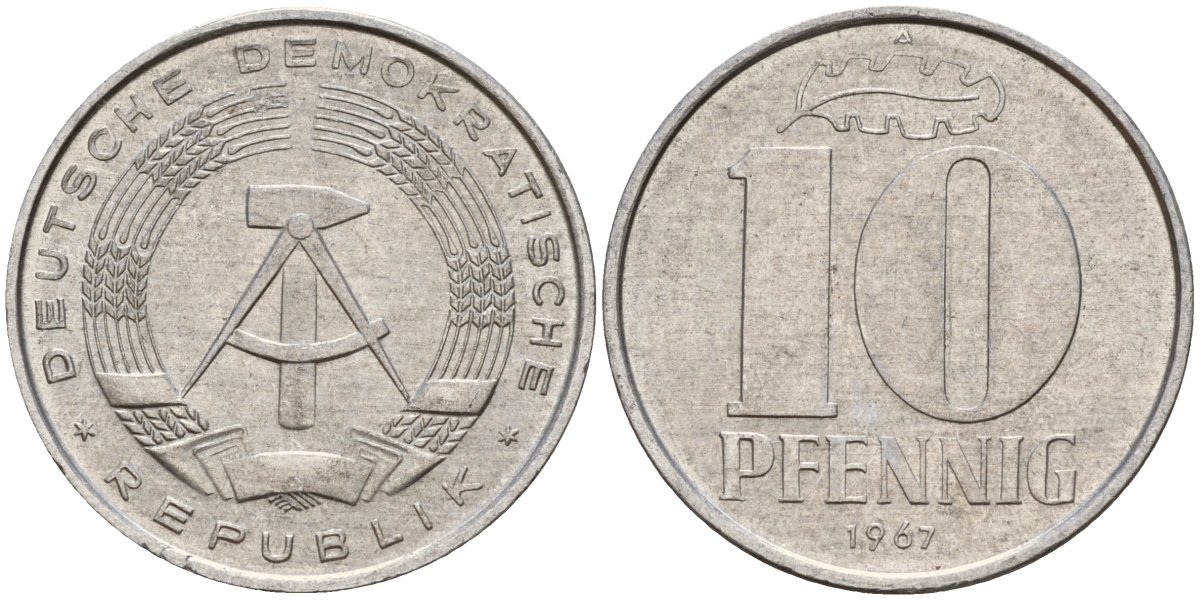 ГДР 10 пфеннигов 1967 A KM 10 алюминий 28-322
