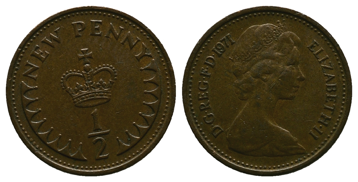 Великобритания 1/2 пенни 1971 Елизавета II (1952-2022) KM 914, Spink 4239 бронза 4384-737