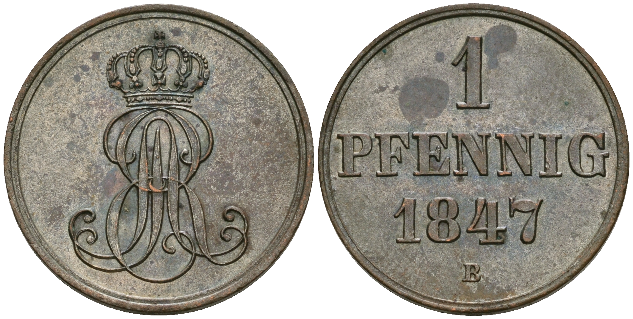 Ганновер 1 пфенниг 1847 B, Эрнст Август (1837-1851) KM 201.1, AKS 129, J. 74 медь 08-1352