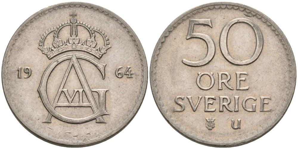 Швеция 50 эре 1964 U, Густав VI Адольф (1950-1973) KM 837 медно-никель 4380-447