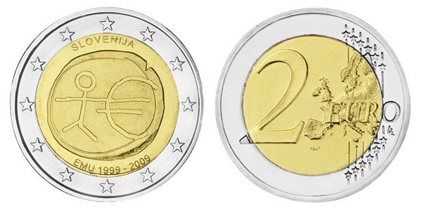 Словения 2 евро 2009 10 лет монетарной политики и введения евро KM 82 биметалл UNC M45-01